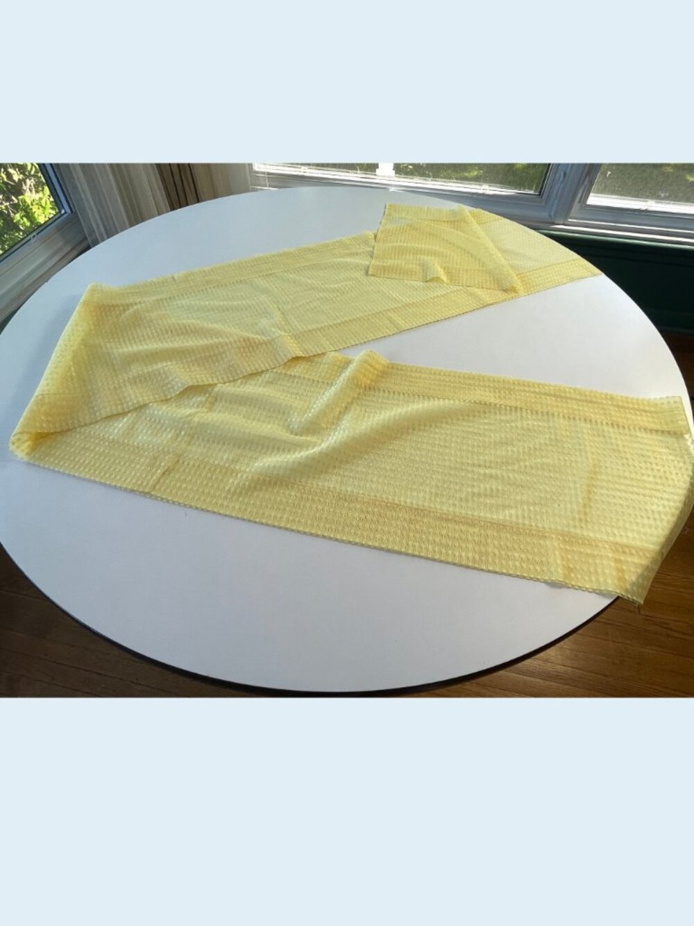 Vintage 1970s valance, yellow sheer Swiss dots, single panel, 174" W x 13" L